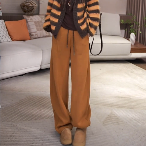 南瓜色抽绳松紧腰羊毛休闲弯刀裤