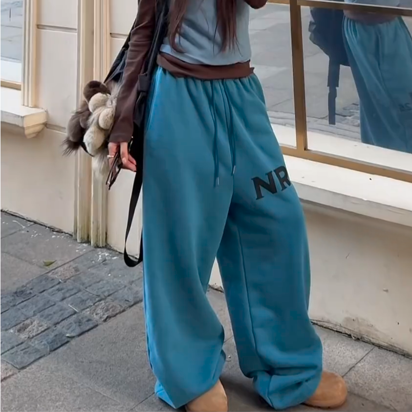 潮流高街字母印花加绒抽绳休闲卫裤女冬季新款时尚宽松垂感阔腿裤,女装/女士精品,大码裤装,淘宝优惠券,粉丝福利购,淘宝优惠卷