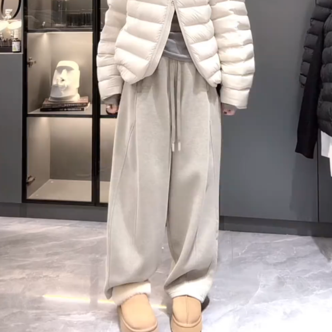 韩系米白色加绒厚实弯刀阔腿卫裤