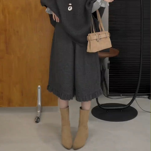 老钱风深灰色木耳边毛呢厚实靴裤女冬季新款时尚百搭显气质七分裤