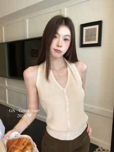 复古辣妹挂脖V领针织背心修身显瘦露肩无袖开衫外穿短款吊带上衣