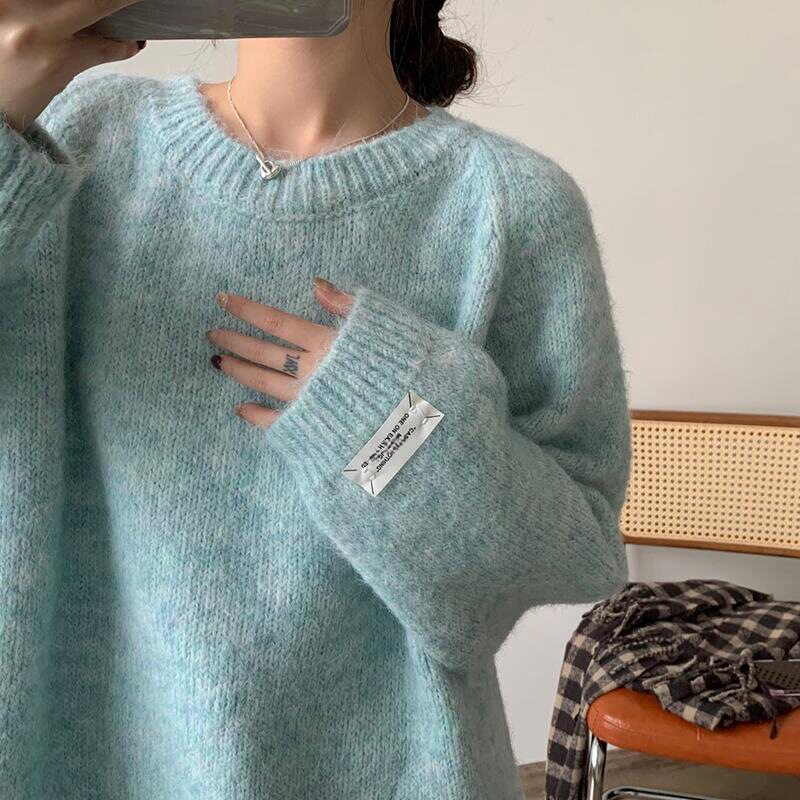 薄荷绿色圆领毛衣女秋冬新款针织毛针织衫