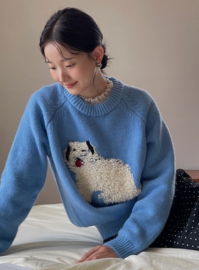 2025新款蓝色慵懒风毛绒小狗韩系立体蝴蝶结毛衣冬季针织衫上衣女