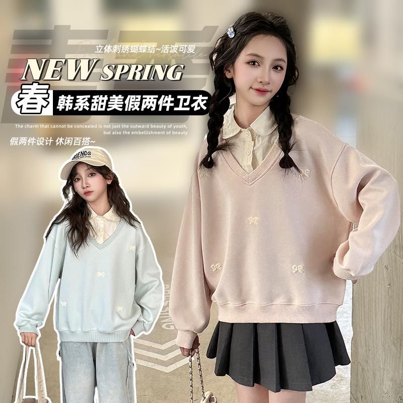 女童假两件卫衣春秋学院风POLO衫