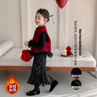 女童拜年服2025新款秋冬款新中式红色新年衣服战袍套装过年服装