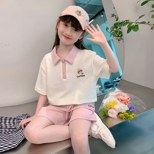 两件套 女童夏季 学院风polo衫 中大童时髦洋气女孩宽松短袖 运动短裤