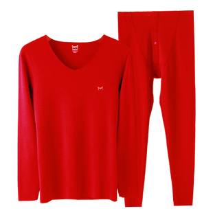 猫人本命年内衣套装男士加绒德发热龙年婚庆大红色情侣保暖礼盒装