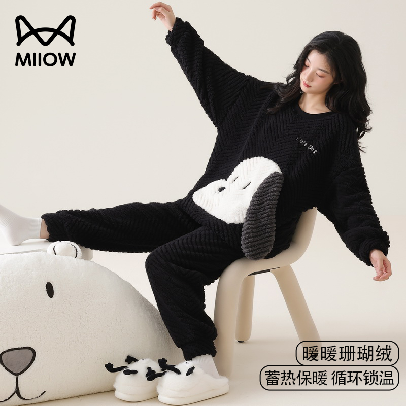 猫人女士珊瑚绒可爱圆领家居服