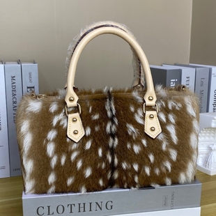 波士顿包梅花鹿真毛皮草手提包包女单肩斜挎时尚 毛绒手拎包2024新
