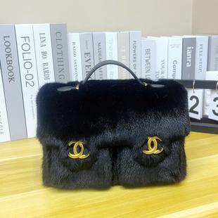 小香风双兜邮差包机车风2024进口水貂毛整皮女包单肩斜挎 原创