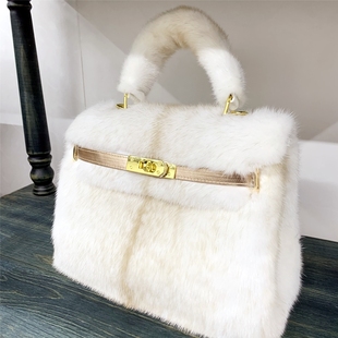 凯莉包进口水貂毛毛整皮女包梵尔宝格真皮草包包新款 高档单肩斜挎