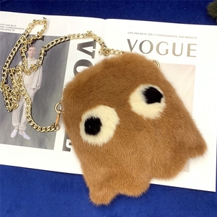 手机包进口水貂整皮可爱时尚 吃豆人真皮草毛毛包单肩斜跨链条2024