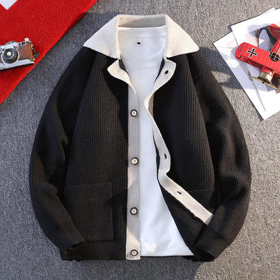 2025春季新款青少年假两件针织开衫男无铁无磁外搭翻领高品质外套