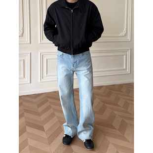 ALLFIT 竹节纹蓝牛 合身直筒版型磨破百搭巴家弯刀剪裁牛仔裤男