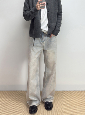 ALLFIT 做旧黄泥染牛仔裤 cleanfit复古A字宽松直筒水洗长裤男女