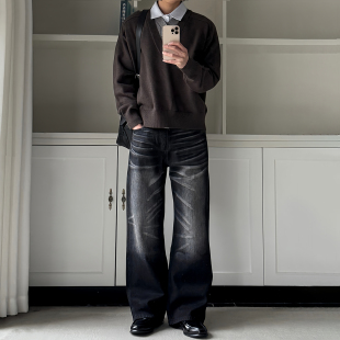 子男 13.5oz洗水做旧宽松直筒休闲长裤 ALLFIT 人体工程学黑牛仔裤