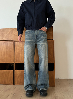 ALLFIT 复古蓝牛14oz宽松直筒A字立体猫须基础百搭休闲牛仔长裤男