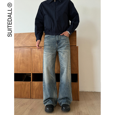 14oz立体猫须宽松直筒牛仔裤