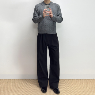 男 加厚保暖垂感宽松直筒休闲长裤 ALLFIT 加绒尼龙格纹打褶仿西裤