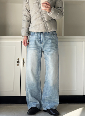 ALLFIT 冰蓝色宽松直筒牛仔裤 水洗猫须百搭通勤Cleanfit长裤子男