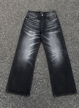 ALLFIT 人体工程学黑牛仔裤 13.5oz洗水做旧宽松直筒休闲长裤子男