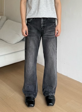 ALLFIT 压皱闪电黑牛“2021M”直筒微喇13oz休闲百搭水洗牛仔裤男