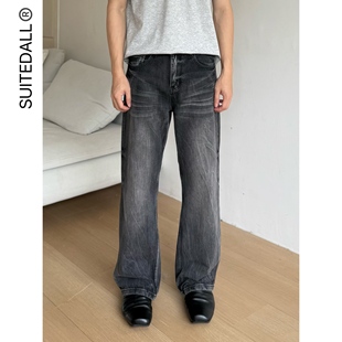 直筒微喇13oz休闲百搭水洗牛仔裤 SUITEDALL压皱闪电黑牛 2021M