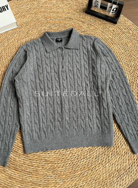 ALLFIT 灰色绞花polo领毛衣 短款boxy慵懒老钱风打底长袖针织衫男