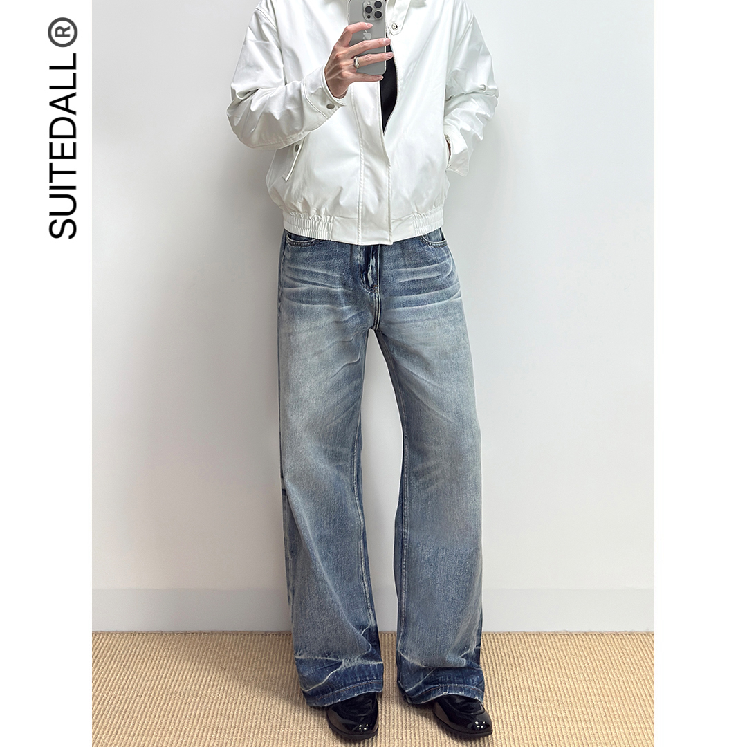 SUITEDALL竹节纹A字直筒蓝牛13盎司超柔赛络纺宽松百搭水洗牛仔裤