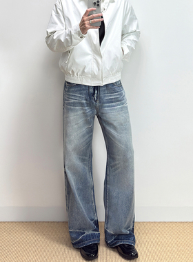 ALLFIT 竹节纹A字直筒蓝牛13盎司超柔赛络纺宽松百搭水洗牛仔裤男