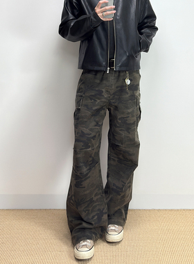 ALLFIT 直筒微弯刀迷彩裤 硬核珠帆布三本针打褶百搭宽松工装裤男