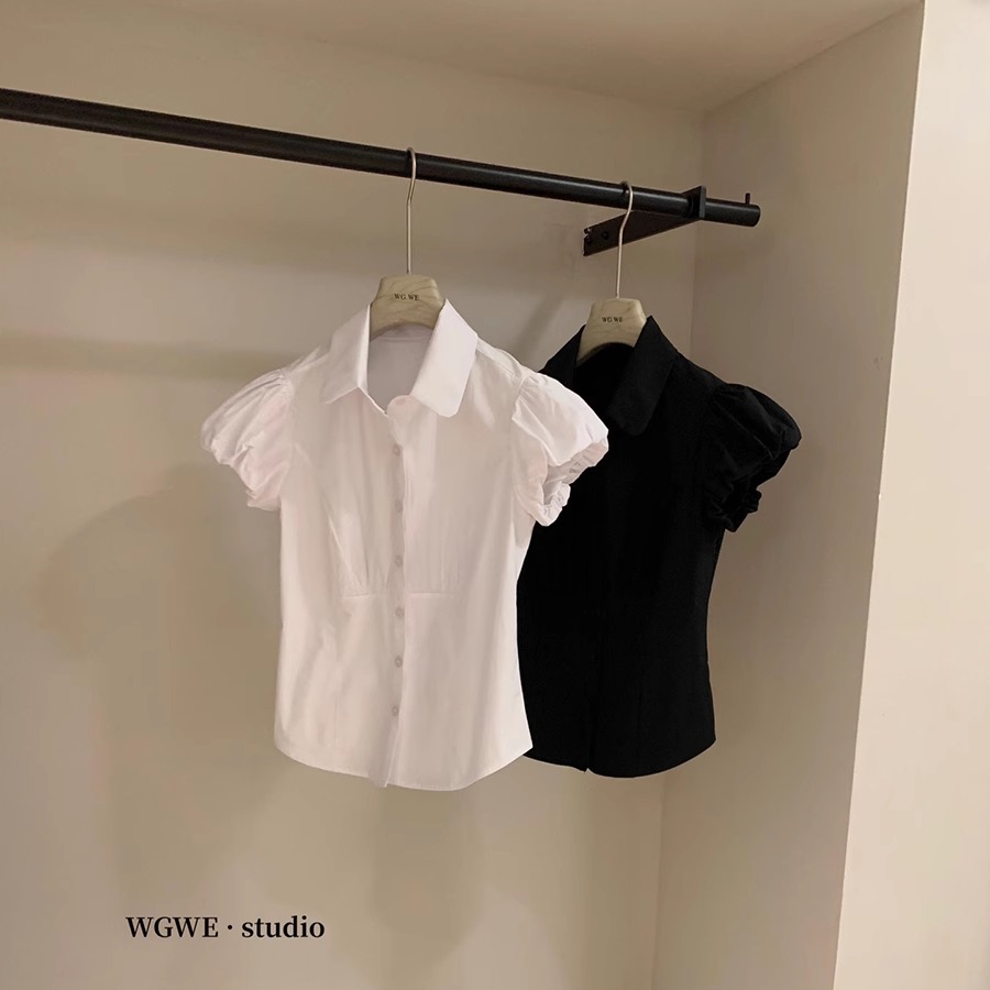 法式Polo领短袖白色衬衫女夏设计感小众短款露脐泡泡袖收腰小衫