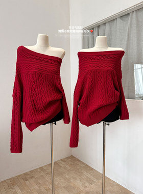 氛围感穿搭高级新年红色扭花毛衣女春季秋冬性感一字肩针织衫上衣