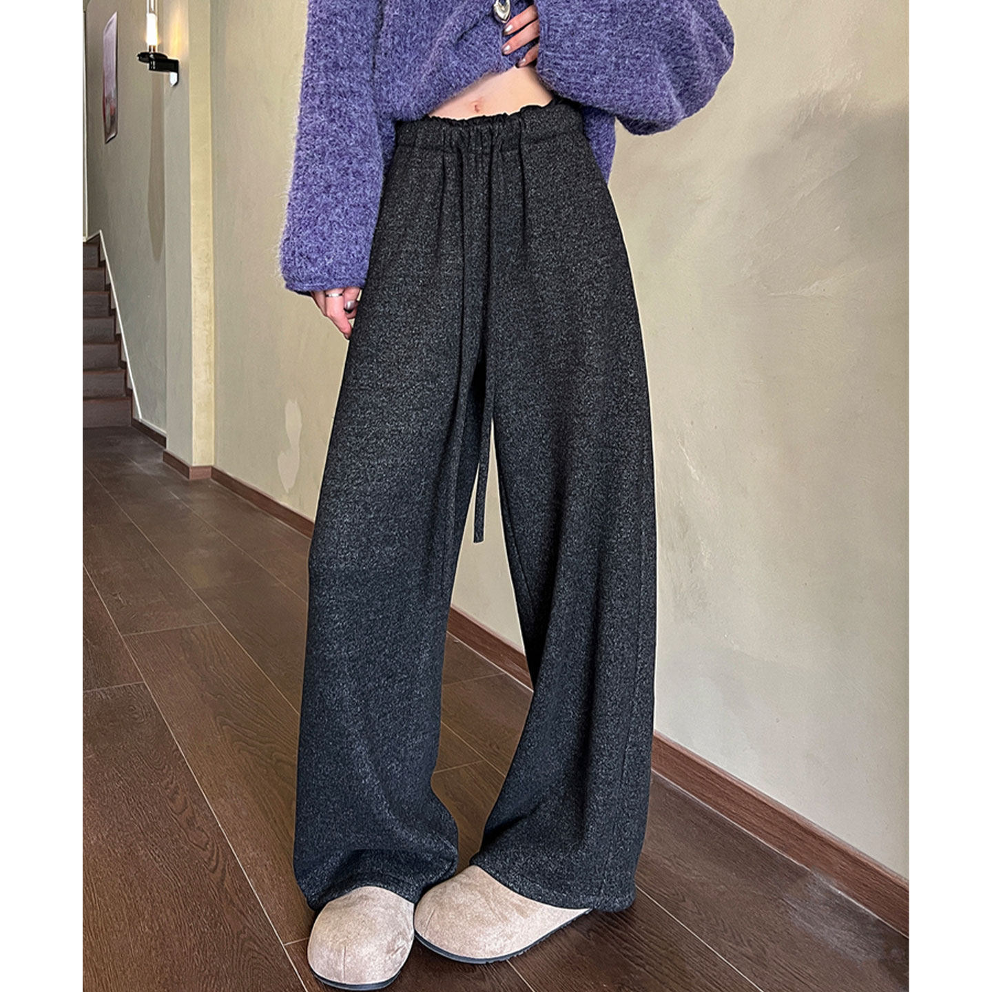 灰色加绒羊绒花苞腰阔腿裤女冬季糯米卫裤慵懒风垂坠感弯刀运动裤,女装/女士精品,休闲裤,淘宝优惠券,粉丝福利购,淘宝优惠卷