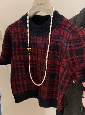 节日BI备复古氛围感短袖针织衫女早秋季红色格纹高级小众毛衣上衣