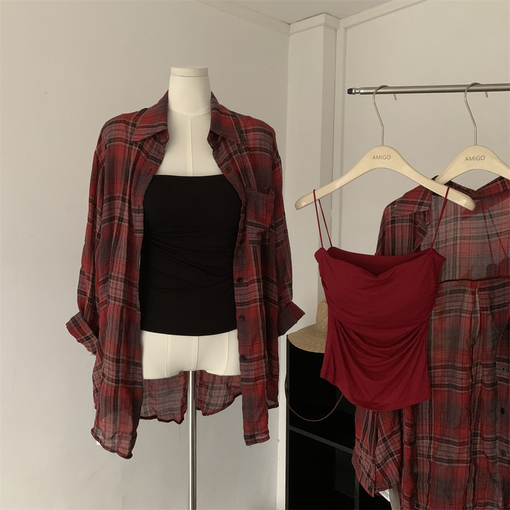 慵懒风格子长袖防晒衬衫女2024夏