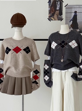 羊毛灰色菱格子针织衫女韩系秋冬季穿搭设计复古慵懒长袖毛衣上衣