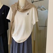 简约V领纯色宽松圆领白色短袖T恤女夏百搭慵懒风刺绣套头体恤上衣