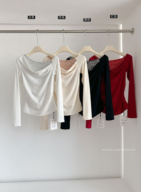 氛围感千金红色斜肩针织衫女春季秋冬减龄气质显瘦内搭打底衫上衣