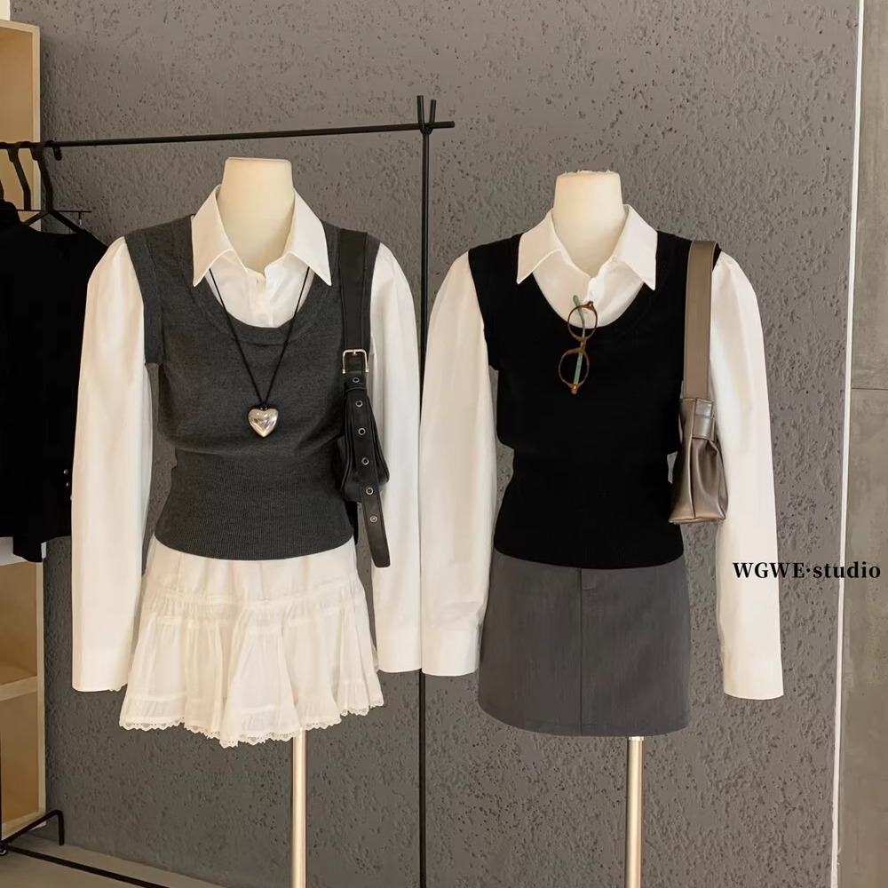 学院风设计拼接针织背心长袖衬衫