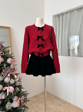 节日氛围感复古麻花保暖红色毛衣女春季秋冬甜美蝴蝶结好看针织衫