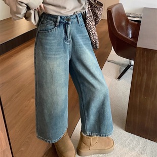 休闲裤 女高腰显瘦直筒加厚八分裤 子 型超好看秋冬加绒阔腿牛仔裤 版