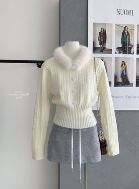 圣诞新年红色可拆卸毛领麻花毛衣女短外套春秋冬季长袖针织衫上衣