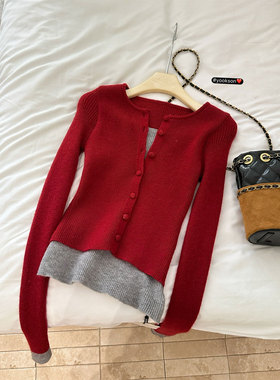 新年氛围撞色假两件红色针织开衫女秋冬软糯修身气质显瘦内搭毛衣