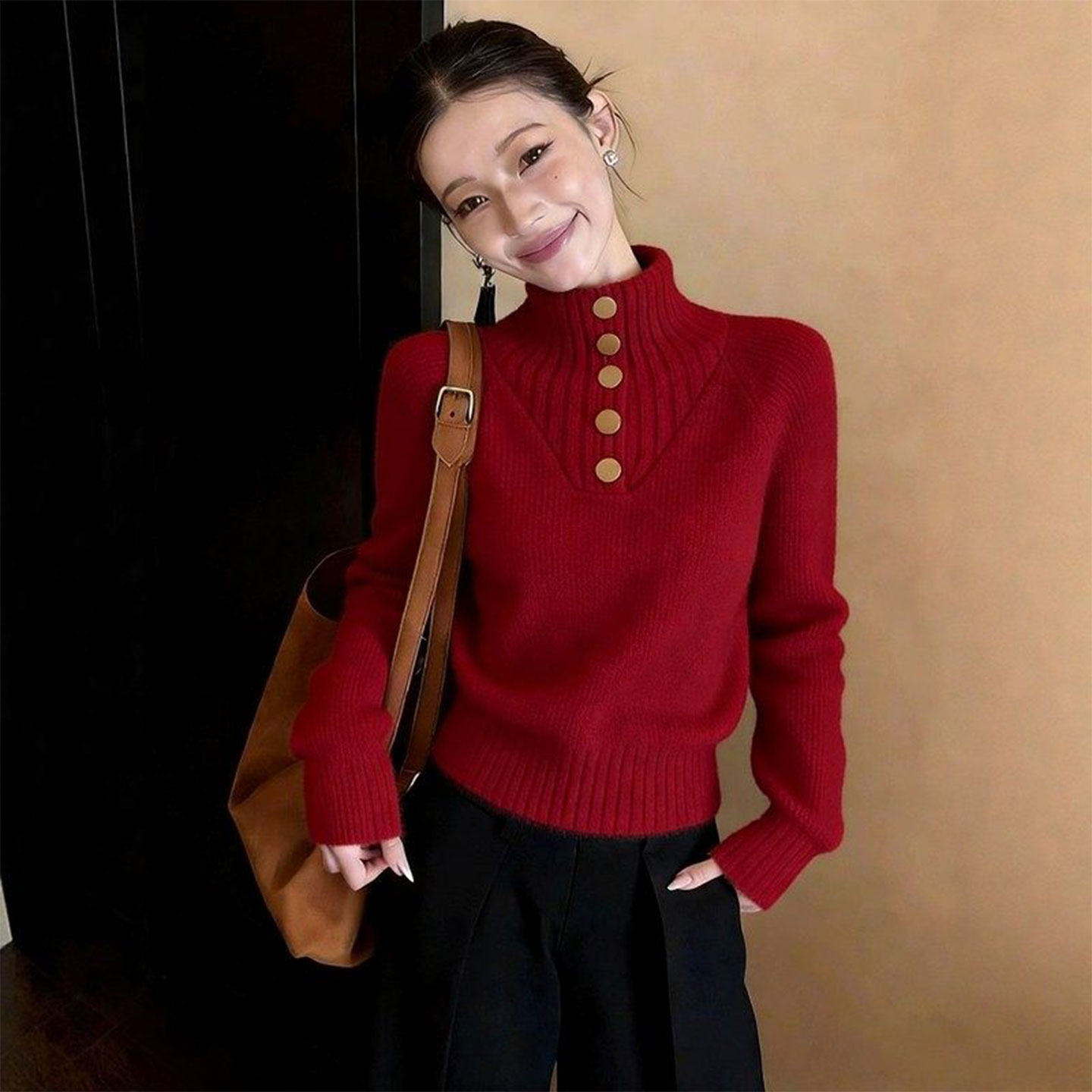 法式巨好看红色半高领针织衫女2026春季高级感长袖内搭打底衫上衣