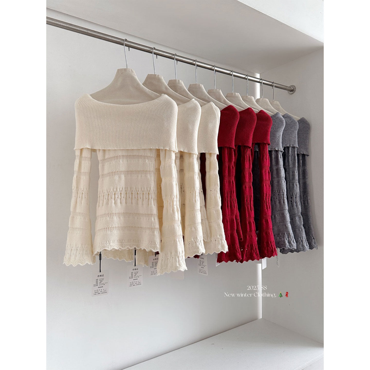 一字肩新年红色长袖针织打底衫女春季冬慵懒修身内搭镂空毛衣上衣