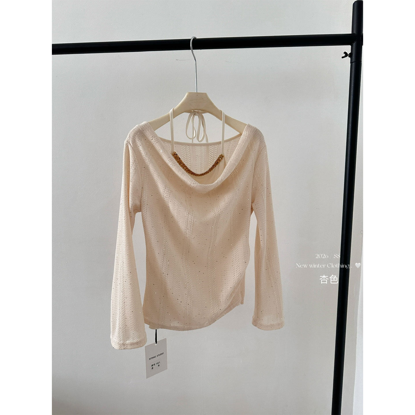 红色假两件一字肩喇叭袖针织衫女2026春季新款挂脖内搭T恤打底衫,女装/女士精品,毛针织衫,淘宝优惠券,粉丝福利购,淘宝优惠卷