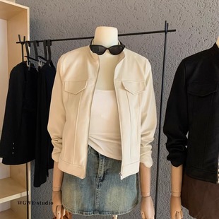 美式正肩立领长袖短款外套女秋初冬修身高级感夹克绝美巨好看上衣