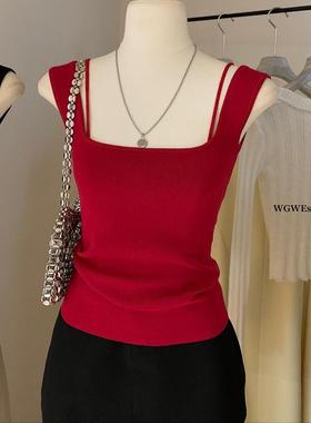 法式红色露背系带吊带女外穿夏季设计感无袖针织背心内搭打底上衣
