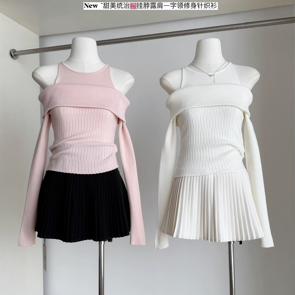 巨好看的假两件一字肩内搭针织衫